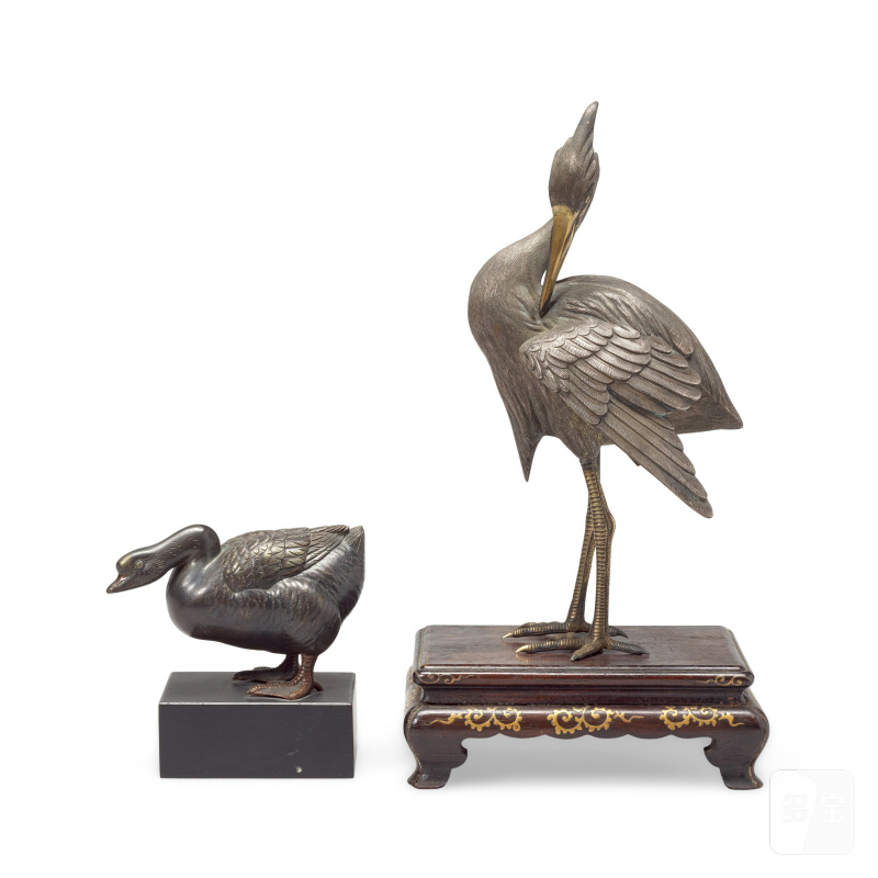 明治時代 鍍銀白鷺及鍍銀鵝 | A SILVERED BRONZE EGRET AND A SILVERED BRONZE GOOSE